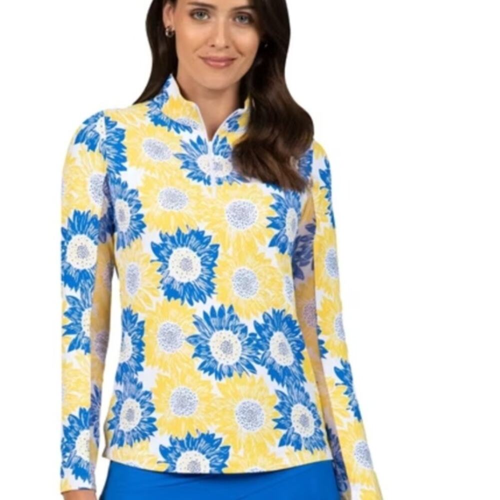 IBKUL Ruthie Top Womens Medium Blue Yellow Sunflower UPF 50+ 1/4 Zip Golf Floral